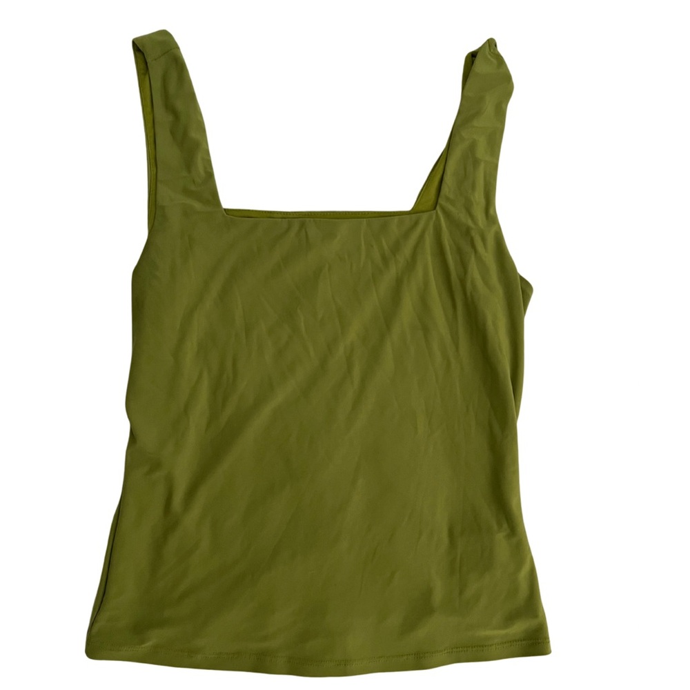 Green square neck blouse.